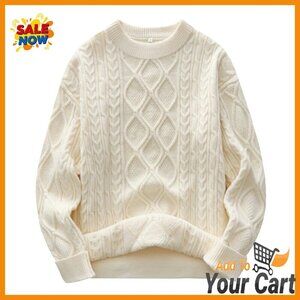Oversized Chunky Cable Knit Sweater, Thick Winter Pullover, Crew Neck